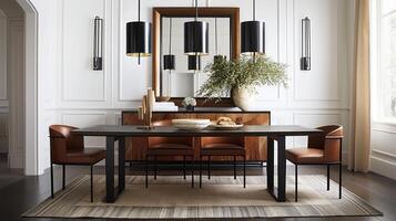 A modern dining room with a black table and chairs photo