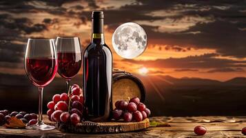 Wine and grapes on a table with a full moon photo