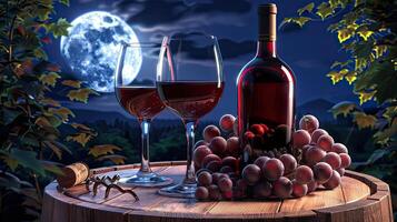 A bottle of wine and two glasses of wine on a barrel photo