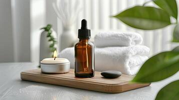 A bottle of essential oil sits on a tray next to a towel and a candle photo