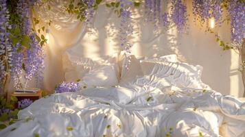 A bed with white sheets and flowers in the background photo