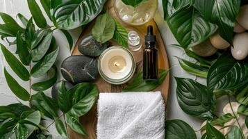 Spa products on a wooden tray with green leaves photo