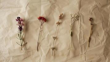 Five different types of dried flowers are arranged on a piece of paper photo