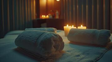 A massage table with candles and towels photo