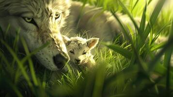 A wolf and its cub in the grass photo