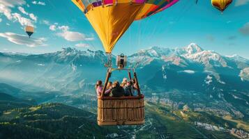 Hot air balloon with people flying over mountains photo