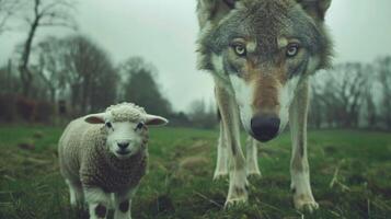 A wolf and a sheep standing in a field photo