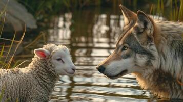 A wolf and a lamb in the water photo