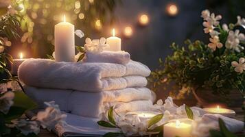 A candlelit table with towels and candles photo