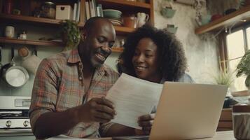 A couple looking at a document on a laptop photo