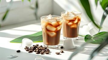 Two glasses of iced coffee with coffee beans photo
