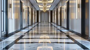 A long hallway with marble floors and black and white marble photo