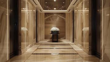 A hallway with a vase of flowers in it photo