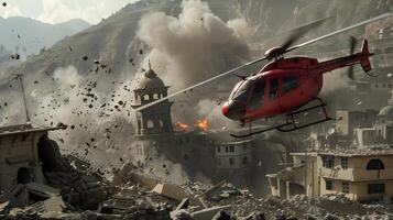 A helicopter is flying over a destroyed city photo