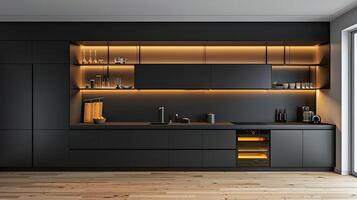 Black kitchen with yellow lighting and wooden floor photo