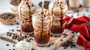Three glasses of coffee with whipped cream and chocolate photo
