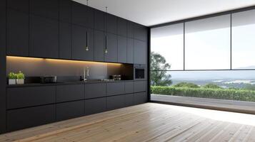 Modern kitchen with black cabinets and wooden floor photo
