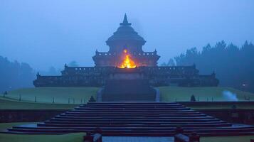 A large temple with a fire burning in the middle photo