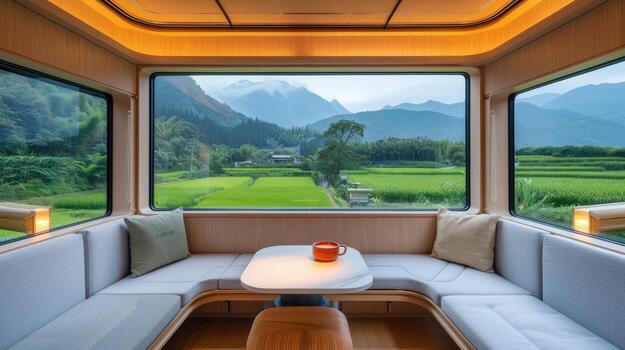 A train with a couch and table in front of a window photo