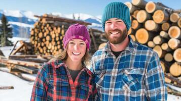 A man and woman wearing hats in front of logs photo