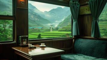 A view of a train from inside a window photo