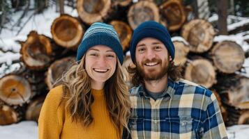 A couple smiling in front of a pile of logs photo