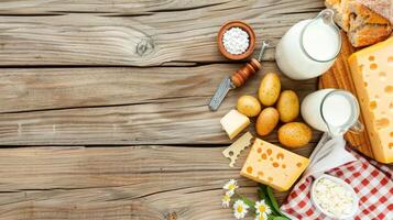 Dairy products on wooden table with cheese, bread and milk photo