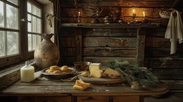 A table with cheese, butter, and a tree branch photo