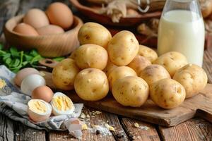 Potatoes, eggs and milk on a wooden table photo