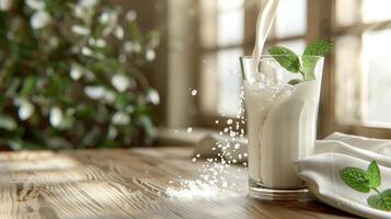 A glass of milk with a mint leaf on top photo