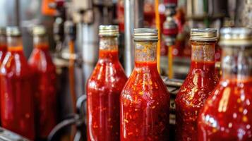 A row of bottles filled with hot sauce photo