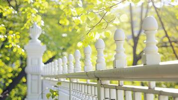 A white fence with a bench and a tree in the background photo