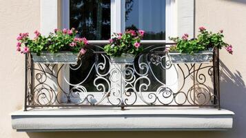 A window with a metal balcony railing photo