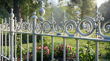 A white wrought fence with ornate designs photo