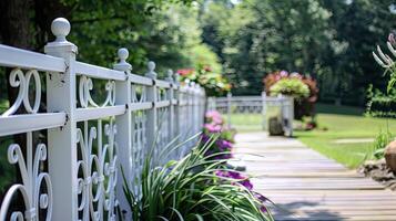 A white fence with flowers and plants in the background photo