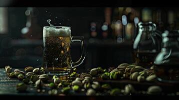 A glass of beer and nuts on a table photo