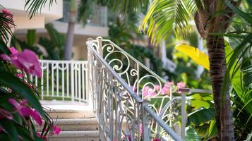 A white wrought iron railing leads to a tropical garden photo