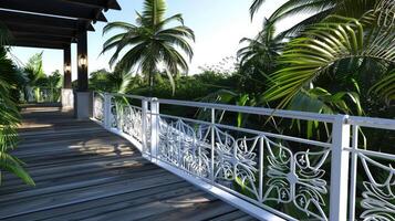 A walkway with palm trees and a railing photo
