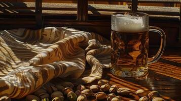 A glass of beer and nuts on a table photo