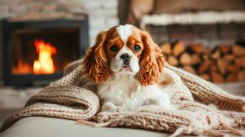 A dog wrapped in a blanket sitting on a couch photo