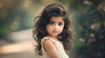 A little girl with long hair and a white dress photo