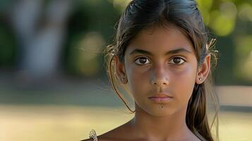 A young girl with brown hair and a white top photo