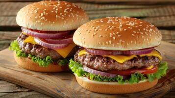 Two hamburgers on a wooden cutting board photo