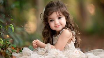A little girl in a dress sitting on the ground photo