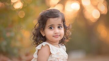A little girl is smiling in front of a tree photo
