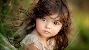A little girl with long hair laying in the grass photo