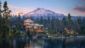 A house on the shore of a lake with mountains in the background photo