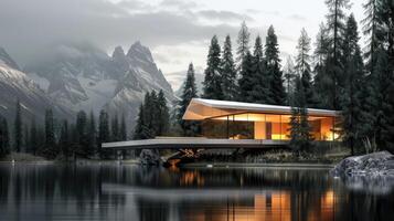 A modern house sits on the edge of a lake photo