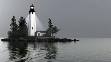 A lighthouse on an island with trees and water photo