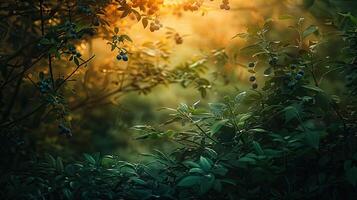 A beautiful sunset is shown through the trees photo